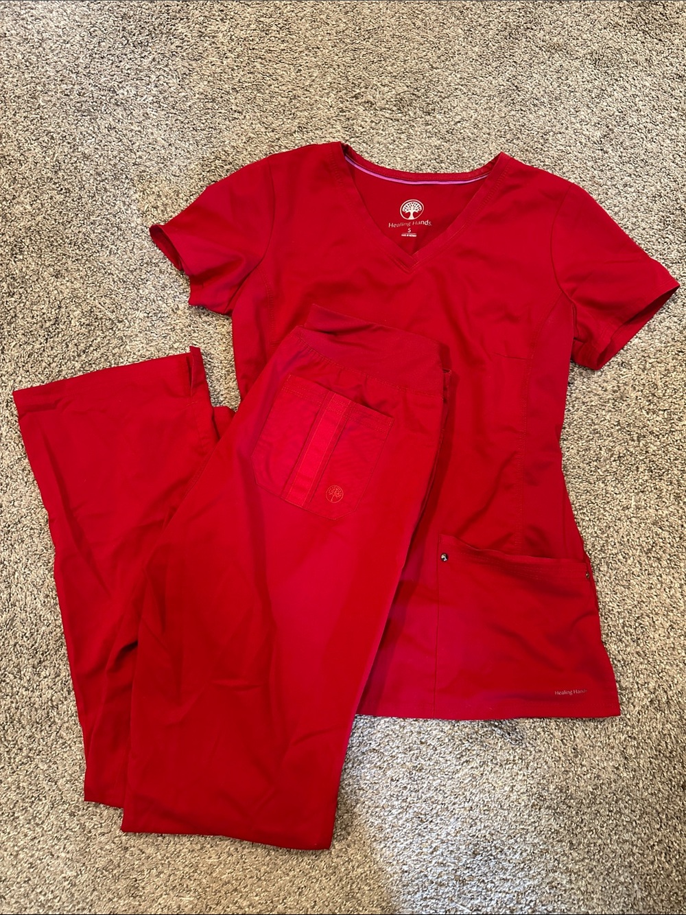 Healing Hands Women’s Red Scrub Top & Pants Set - Professional Medical Wear - Picture 3 of 3